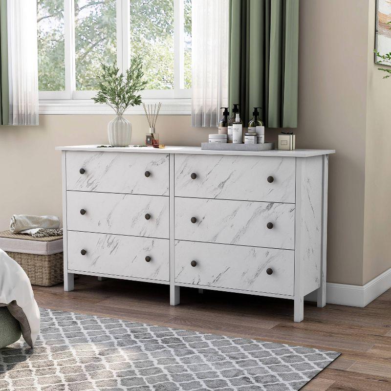 White Faux Marble 6-Drawer Dresser with Black Knobs