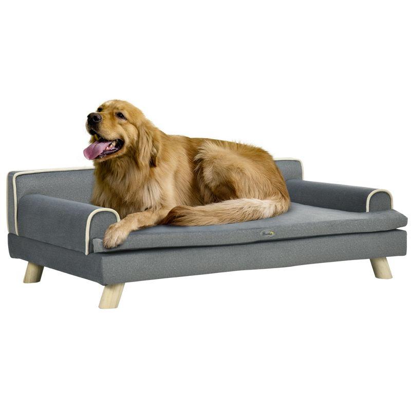 Large Gray Chenille Elevated Dog Sofa with Pinewood Legs