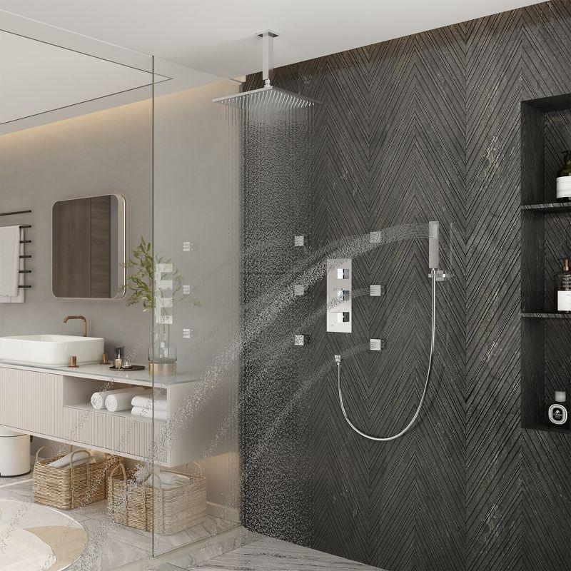 3-Function Luxury Ceiling Mount 12 Inch LED Thermostatic Shower System with 6 Body Jets