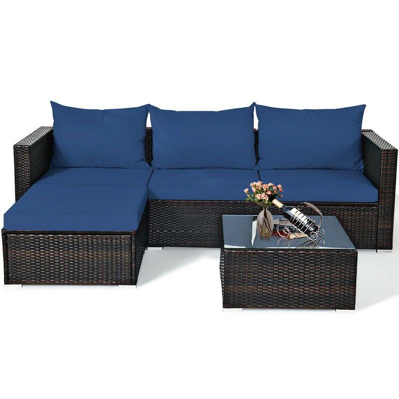 5PCS Patio Rattan Furniture Set Sectional Conversation Sofa w/ Coffee Table Red\ Navy