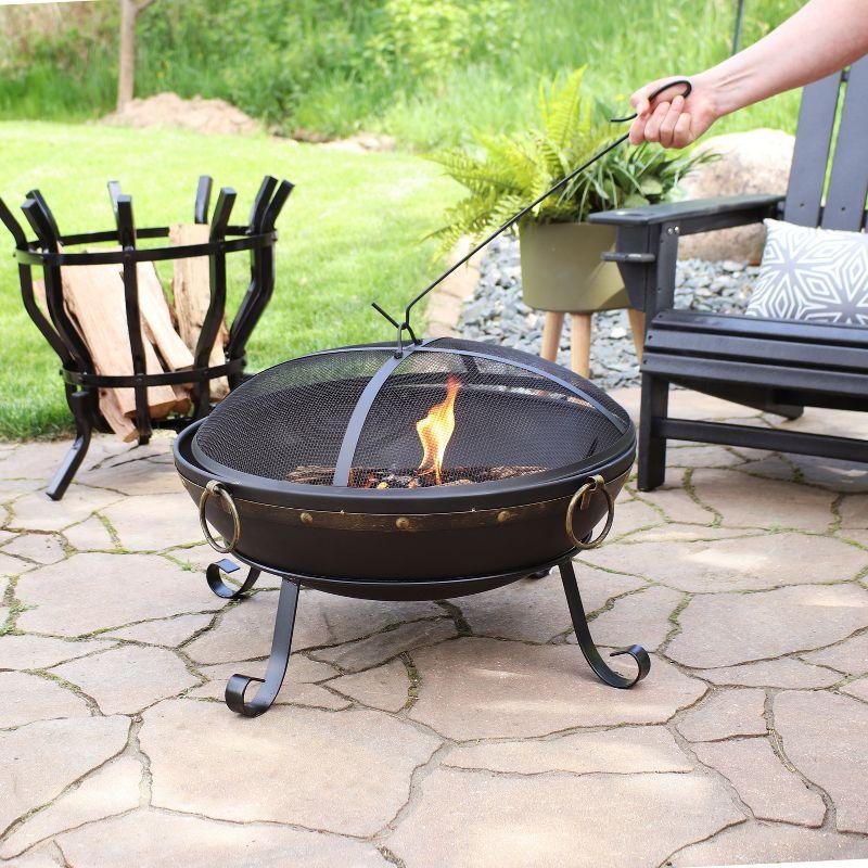 Victorian 25" Round Wood-Burning Black Finish Steel Fire Bowl with Spark Screen