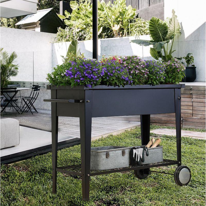 Black Metal Mobile Raised Garden Bed Planter with Wheels