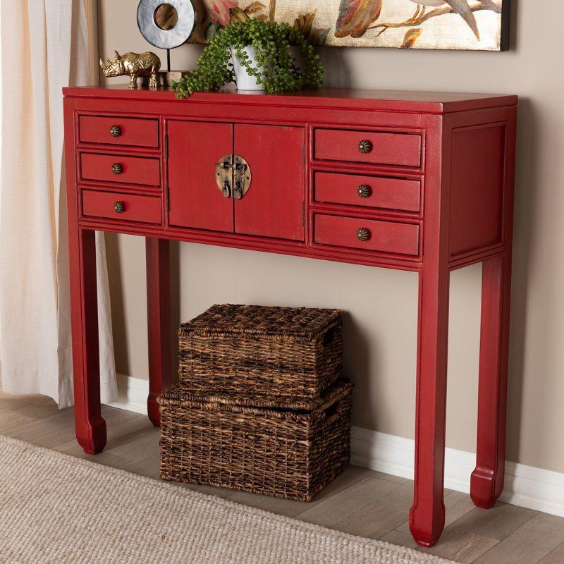 Melodie 6 Drawer Console Table Red - Baxton Studio: Antique-Inspired, Bayur Wood, Bronze Handles