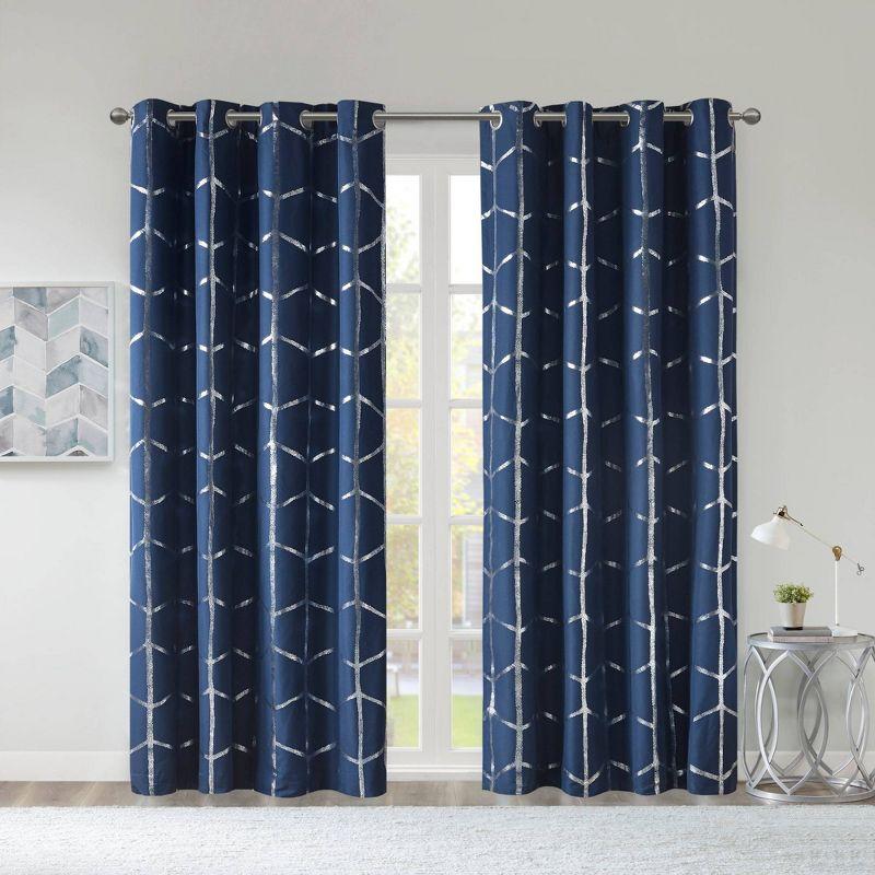 63"x50" Arielle Total Blackout Metallic Printed Curtain Panel Navy: Intelligent Design, Geometric Grommet Top, Energy Efficient