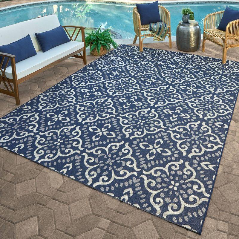 Gertmenian Paseo Powis Transitional Casual Medallion Tile Navy Blue Beige Flatweave Indoor Outdoor Area Rug