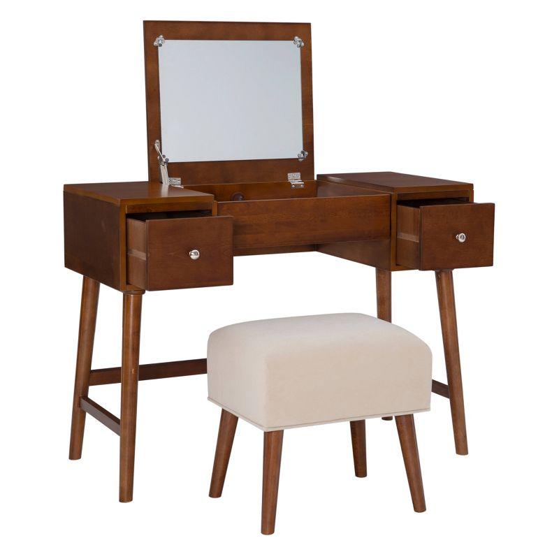 Viola Mid-Century Modern Flip-up Mirror 2 Drawer Vanity and Upholstered Stool Brown - Linon: Rubberwood, MDF, Lift-Top Storage