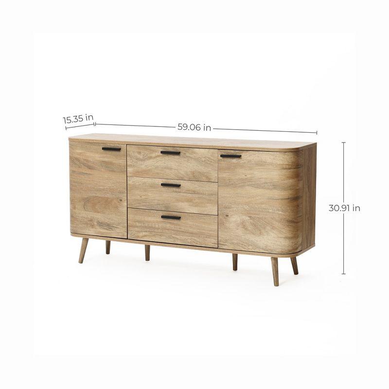 LuxenHome Sideboard Buffet Cabinet with Storage, 59'' Wide Natural Oak Manufactured Wood Accent Console Cabinet with 2-Door and 3-Drawer