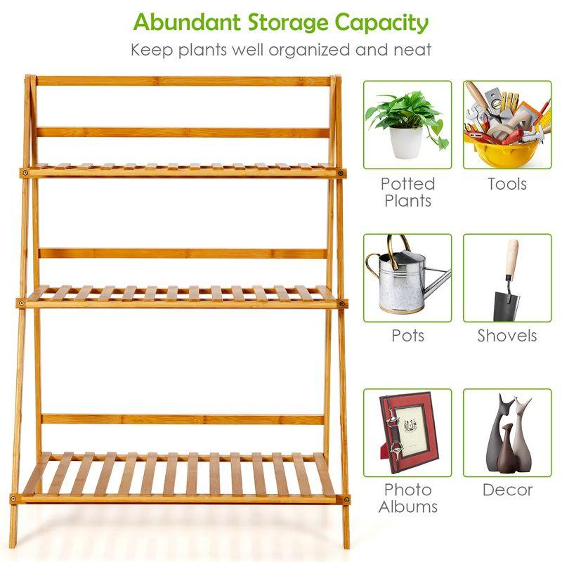 Costway Bamboo Ladder Plant Stand 3-Tier Foldable Flower Pot Display Shelf Rack Natural