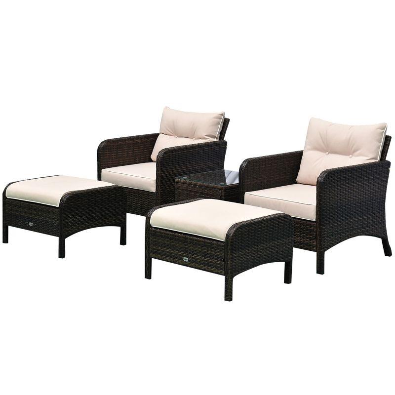 Outsunny 5 Piece Rattan Wicker Lounge Chair, Outdoor Patio Conversation Set with 2 Cushioned Chairs, 2 Ottomans & Top Coffee Table, Brown