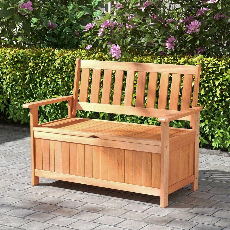 Costway 48 Inch Patio Storage Bench Wood Loveseat with Slatted Backrest for Backyard