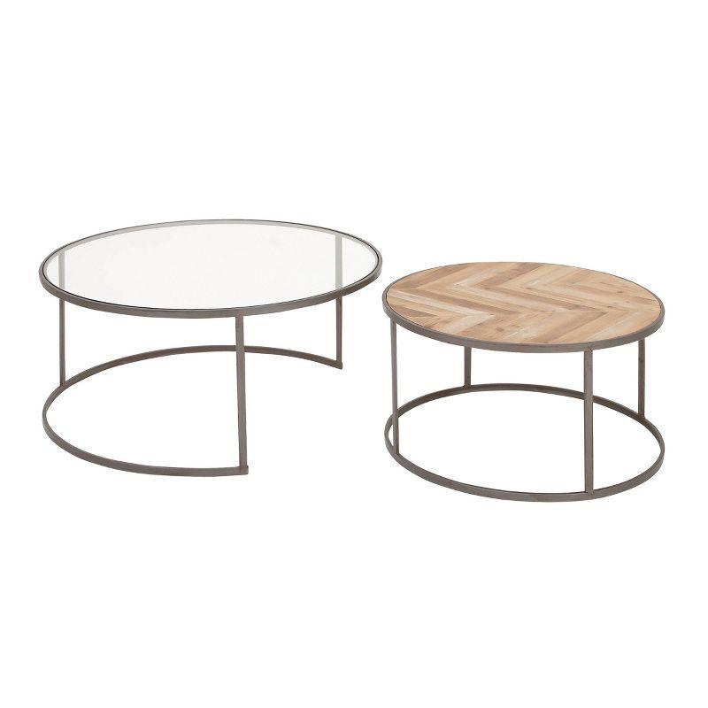 Gray and Brown Round Wood and Glass Nesting Coffee Tables