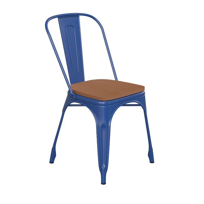 Blue Metal Indoor-Outdoor Stackable Chair with Teak Seat