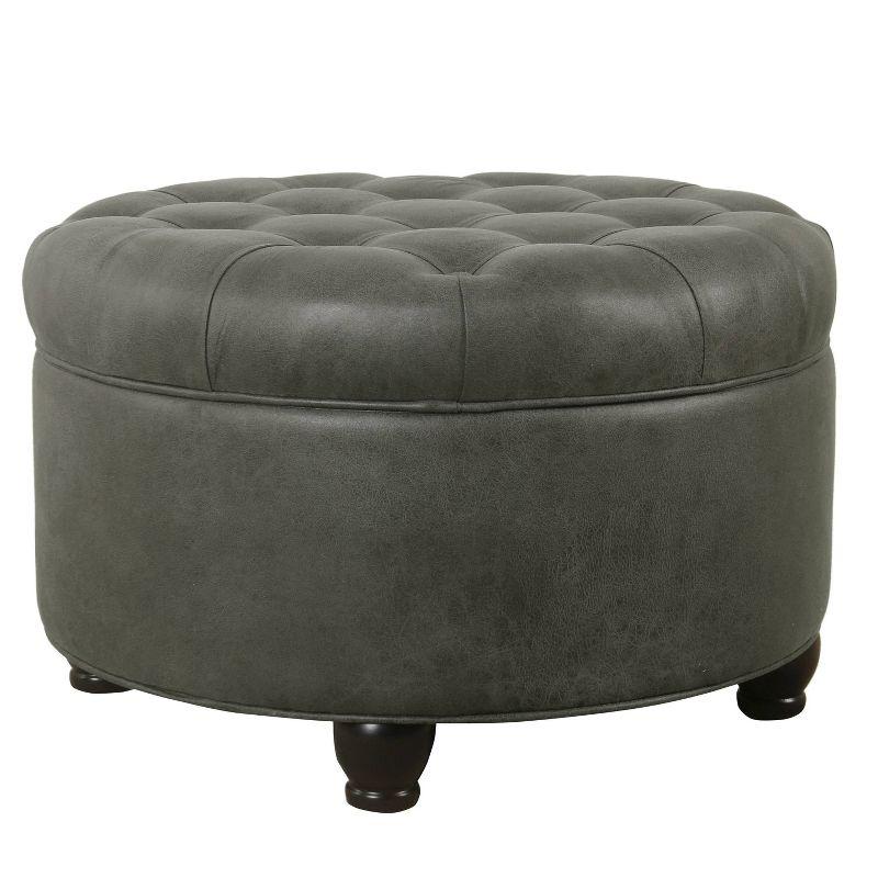 Large Tufted Round Storage Ottoman Faux Leather Gray - HomePop: Modern Upholstered Bench with Hardwood Frame