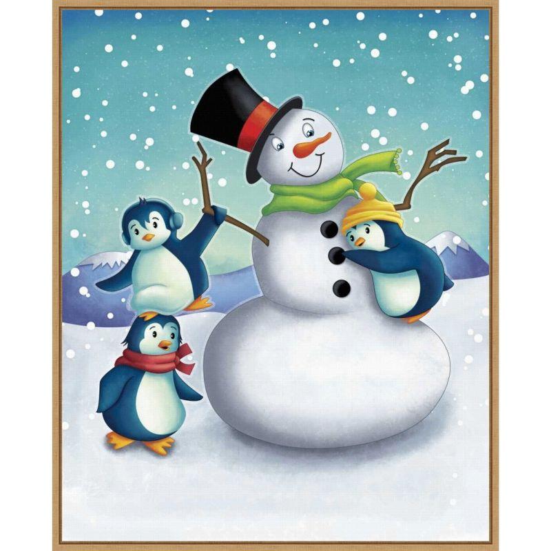 Joyful Snowman and Penguins Framed Canvas Wall Art