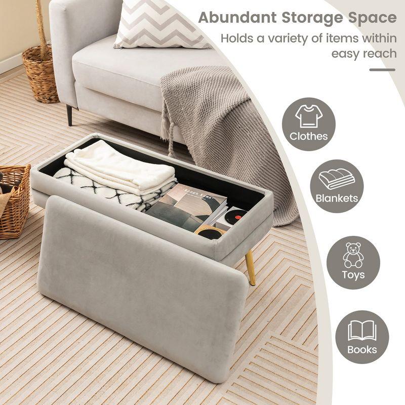 Tangkula Velvet Upholstered Storage Bench Bedroom Ottoman Bench w/ Removable Top Grey