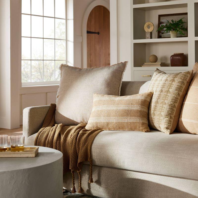 Oversized Beige Linen Square Throw Pillow with Frayed Edges