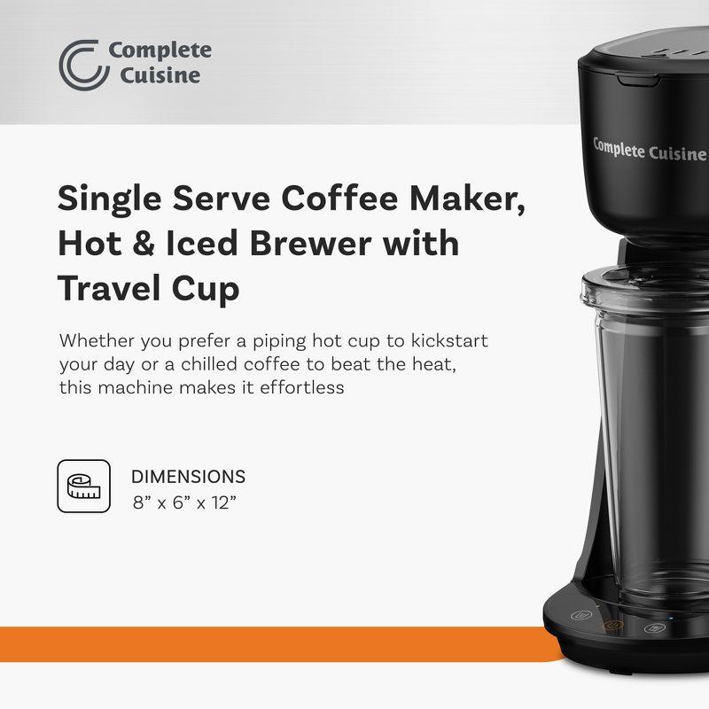 Complete Cuisine Single Serve Coffee Maker, Hot and Iced Brewer with Travel Cup, Straw, Reusable Filter, and Quick Brew Function, Black