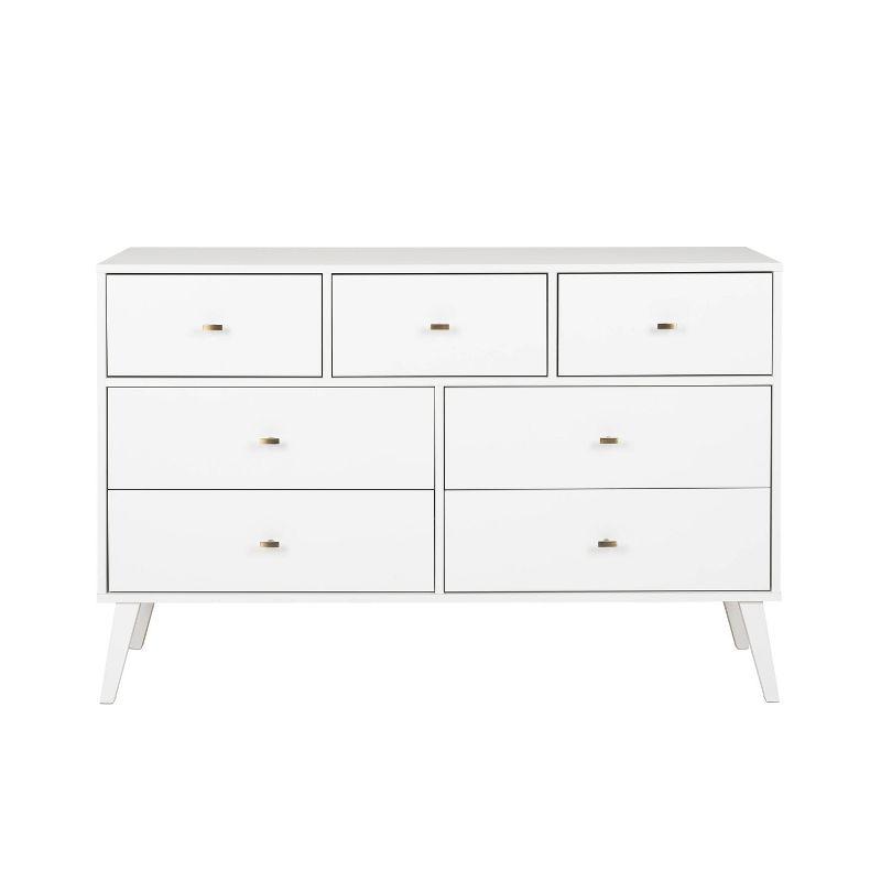 Prepac 7 Drawer Milo Mid-Century Modern Dresser White: Laminated, Metal Glides, MDF Composite