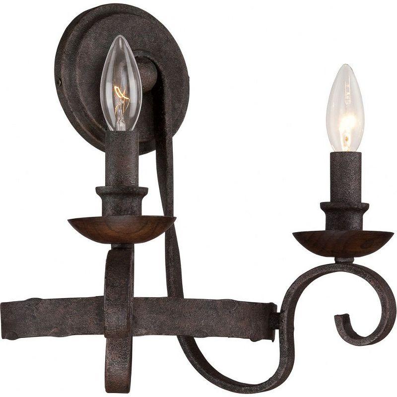 Rustic Black Hammered Metal and Walnut 2-Light Sconce