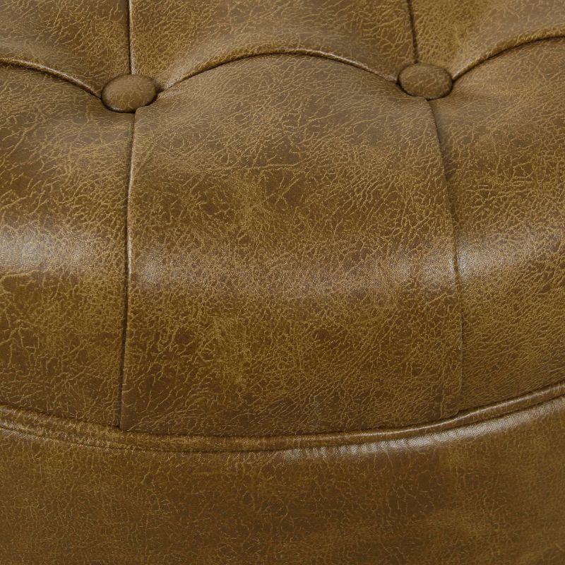 Large Tufted Round Storage Ottoman Faux Leather Distressed Brown - HomePop