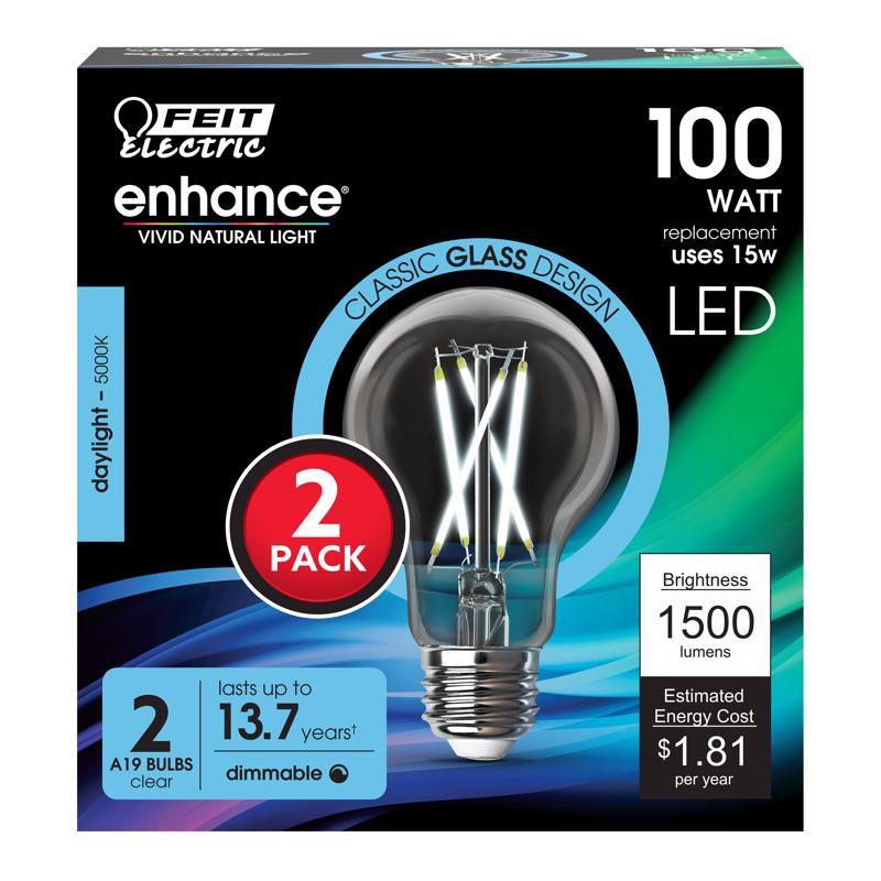 Clear Glass Dimmable LED Daylight Bulbs, 100 Watt Equivalence, 2 Pack