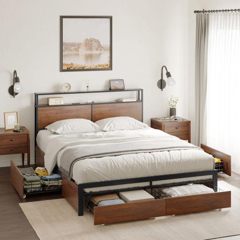 Hausource Modern Queen Bed Frame with LED Headboard, 4 Storage Drawers, No Box Spring Needed