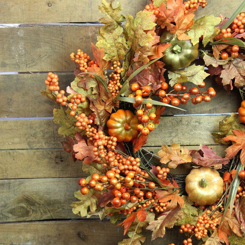 Northlight Autumn Leaves, Pumpkins and Berries Artificial Thanksgiving Wreath, 22-Inch, Unlit