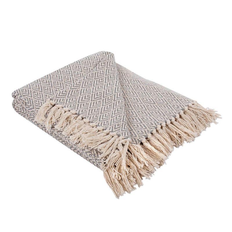 Gray and Ivory Cotton Diamond Throw Blanket with Fringe