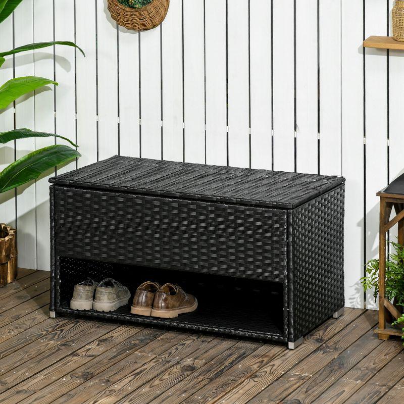 Black PE Wicker Outdoor Deck Box with Shelf