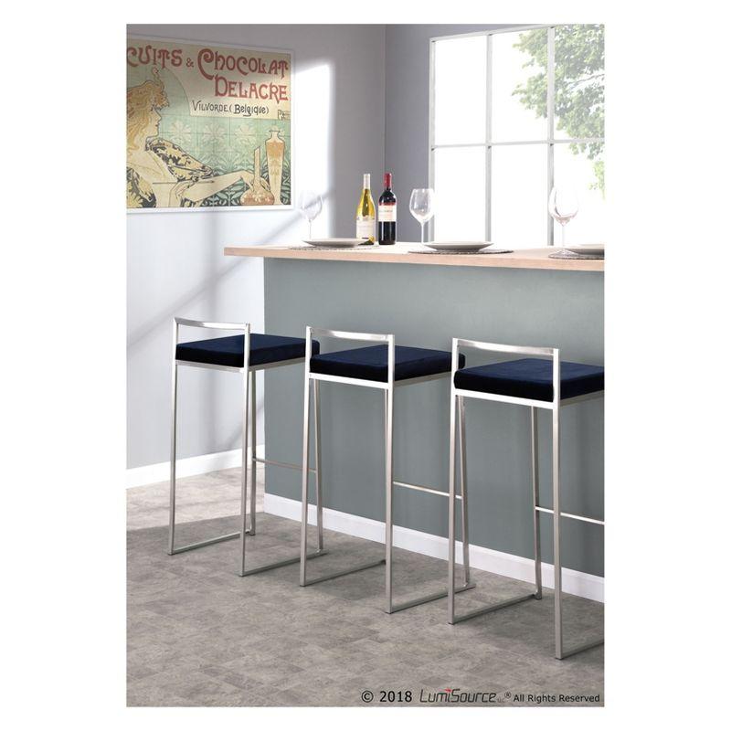 Set of 2 30" Fuji Contemporary Stackable Barstools Stainless Steel Blue Velvet - LumiSource: Kitchen, Low Back