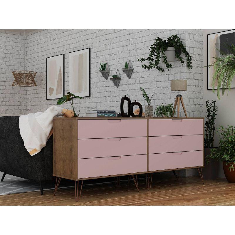 Rose Pink Double 6-Drawer Dresser with Hairpin Legs