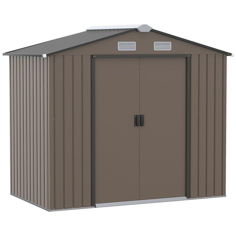 Outsunny 7' x 4' Metal Storage Shed Organizer, Garden Tool House with 4 Vents and 2 Sliding Doors for Backyard, Patio, Garage, Lawn, Brown