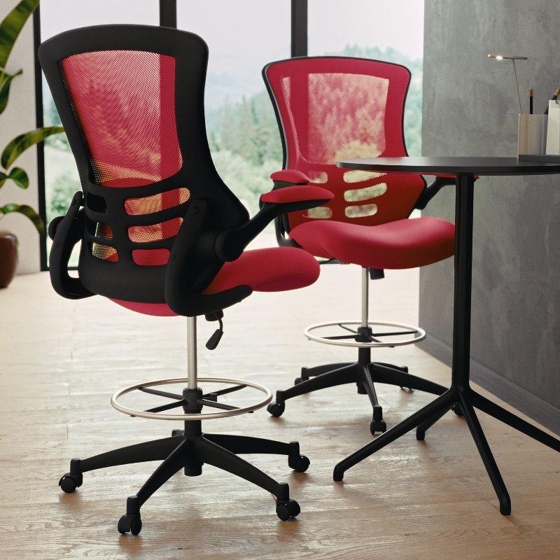 Flash Furniture Kelista Mid-Back Red Mesh Ergonomic Drafting Chair with Adjustable Foot Ring and Flip-Up Arms