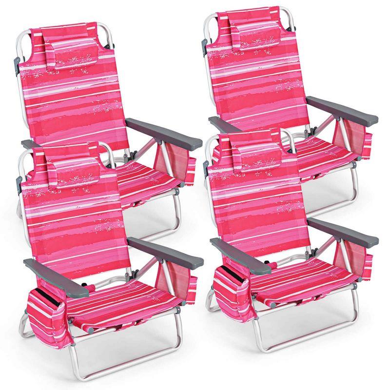 Costway 4-Pack Folding Backpack Beach Chair 5-Position Outdoor Reclining Chairs with Pillow Dark Pink