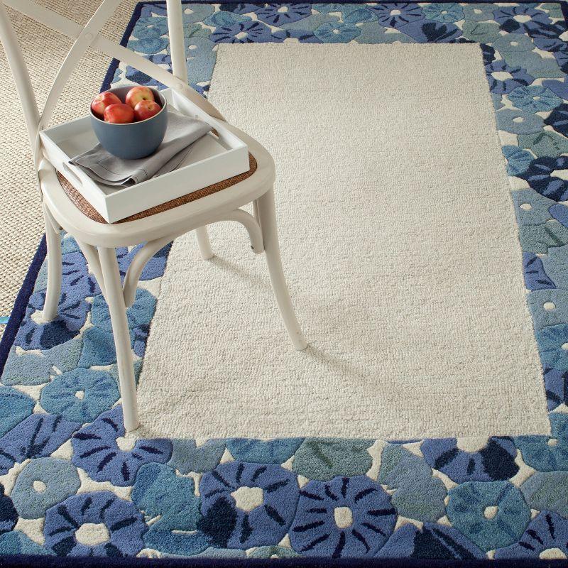 Azurite Blue Floral Border Hand-Tufted Wool Rug