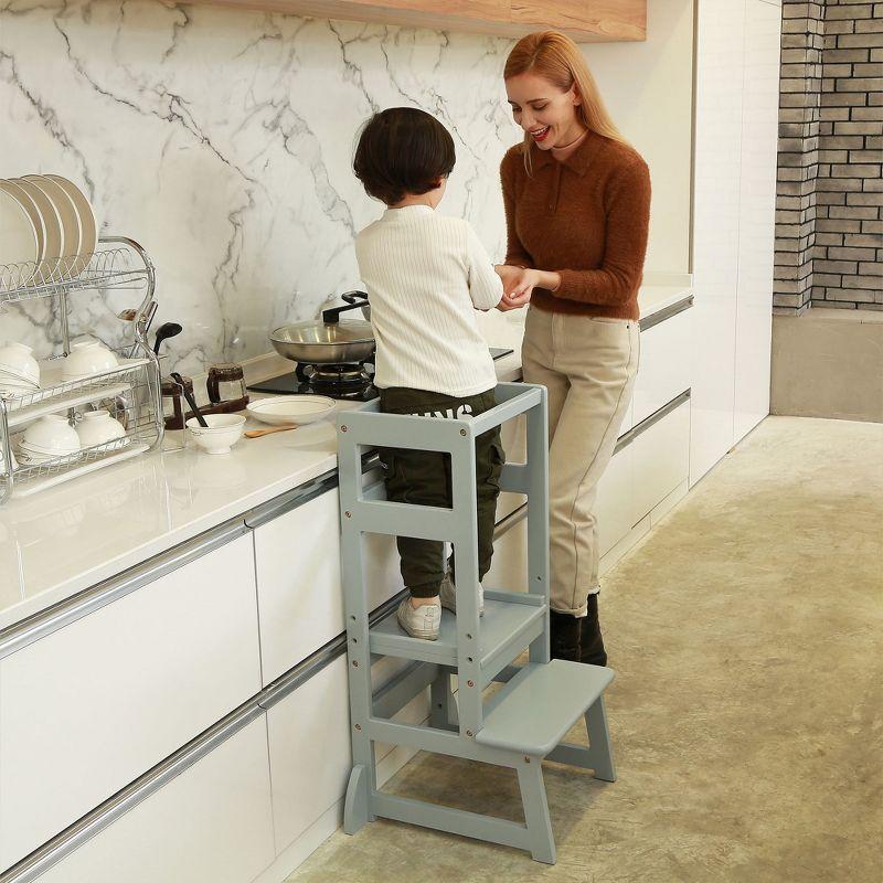 Gray Adjustable Height Wooden Kitchen Step Stool for Kids