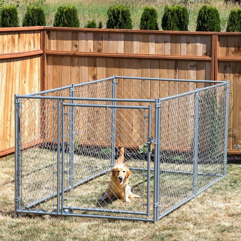 Lucky Dog Adjustable Heavy Duty Outdoor Galvanized Steel Chain Link Dog Kennel Enclosure with Latching Door, and Raised Legs