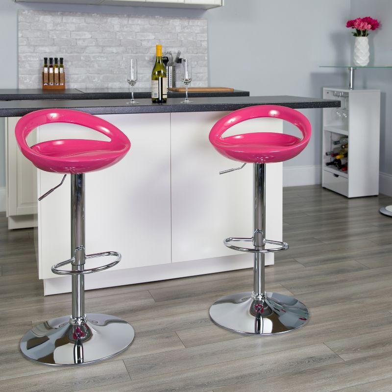 Flash Furniture Contemporary Pink Plastic Adjustable Height Barstool with Rounded Cutout Back and Chrome Base