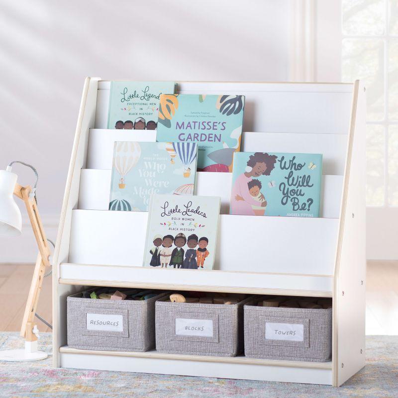 White Wooden Kids Book and Bin Display with Storage Bins