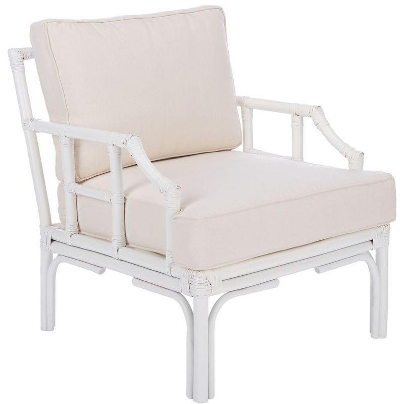 Chinoiserie-Chic White Rattan Accent Chair with Plush Cushion