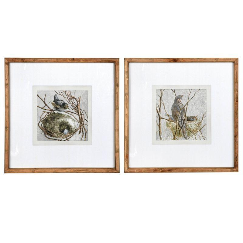 18" Square Natural Wood Framed Bird and Nest Wall Art Set