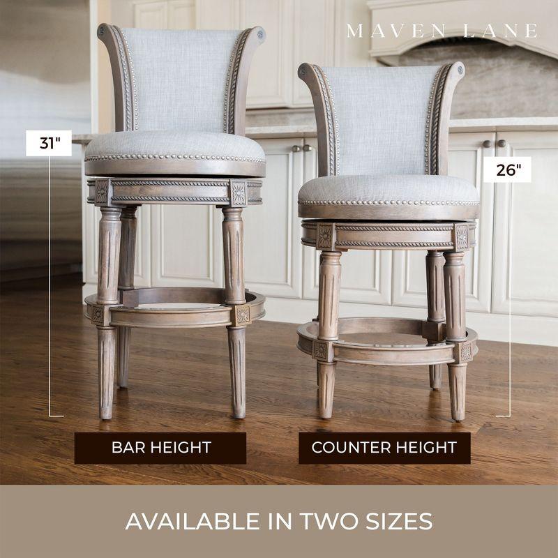 Maven Lane Pullman 31 Inch Tall Bar Height Upholstered Barstool with Back in Reclaimed Oak Finish with Ash Grey Fabric Cushion Seat, Set of 3