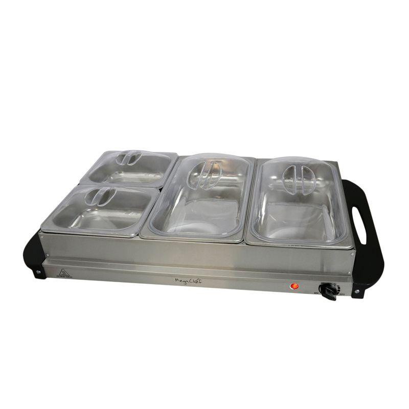 MegaChef Buffet Server & Food Warmer With 3 Sectional Trays: Stainless Steel Chafing Dish, 4.5L Capacity, Temperature Control