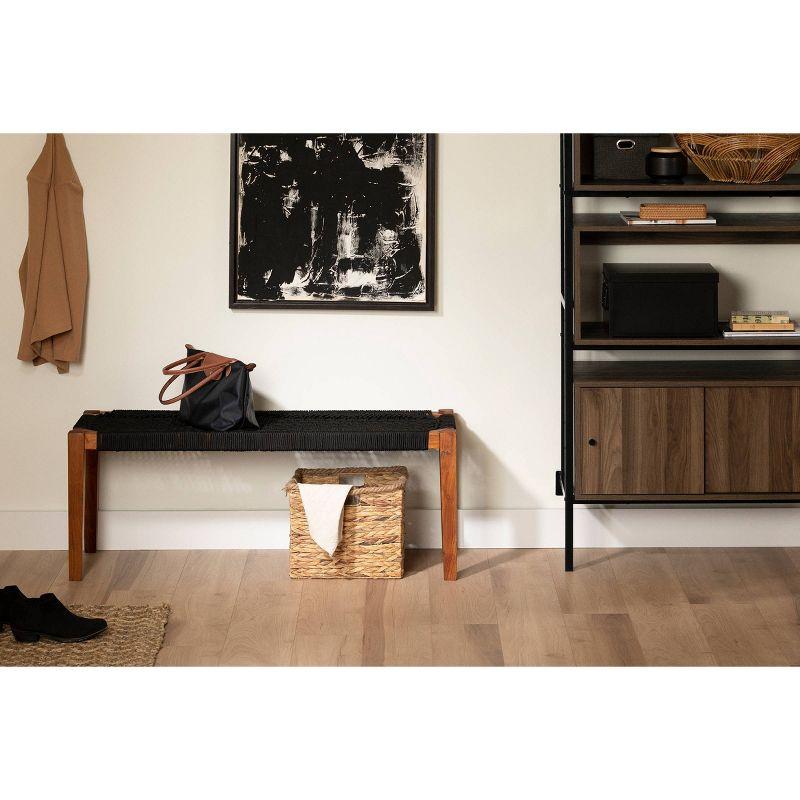 Black and Natural Wood Entryway Bench with Woven Seat