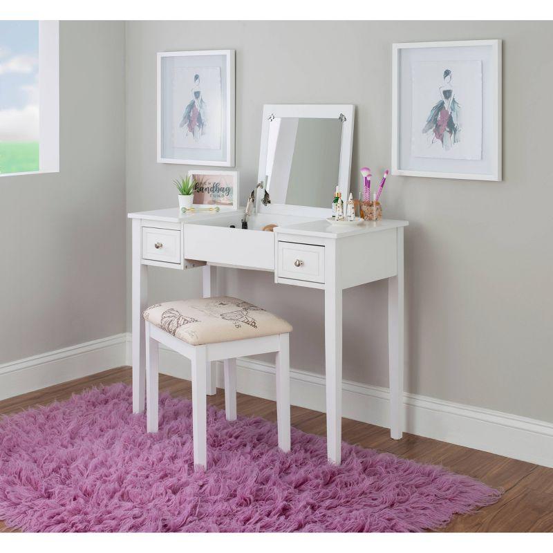 White Vanity Desk with Butterfly Print Bench