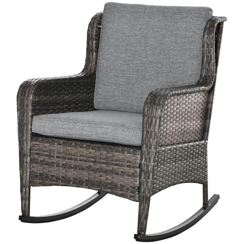 Outsunny Patio Wicker Rocking Chair, Outdoor PE Rattan Swing Chair w/ Soft Cushions for Garden, Patio, Lawn, Gray