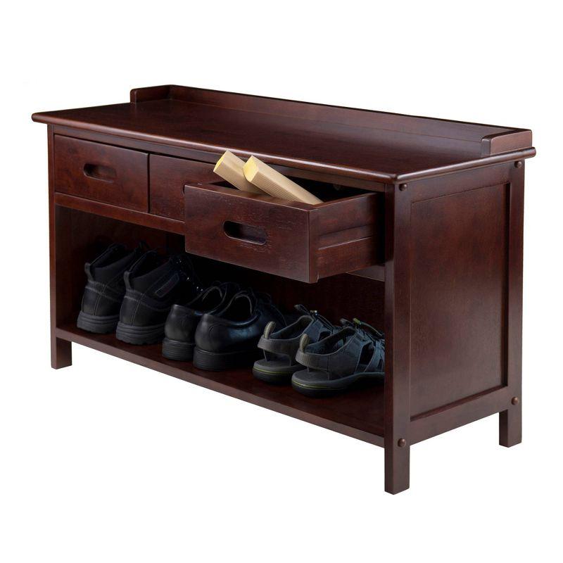 Transitional Walnut Storage Bench with 3 Black Fabric Baskets