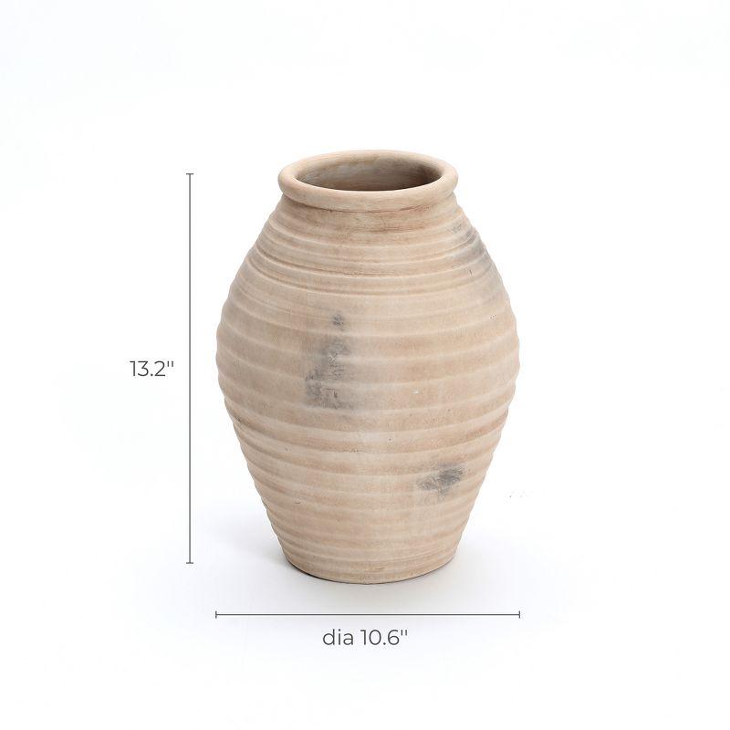 LuxenHome Rustic Brown Ribbed Terracotta 13.2-Inch Tall Urn Vase Beige