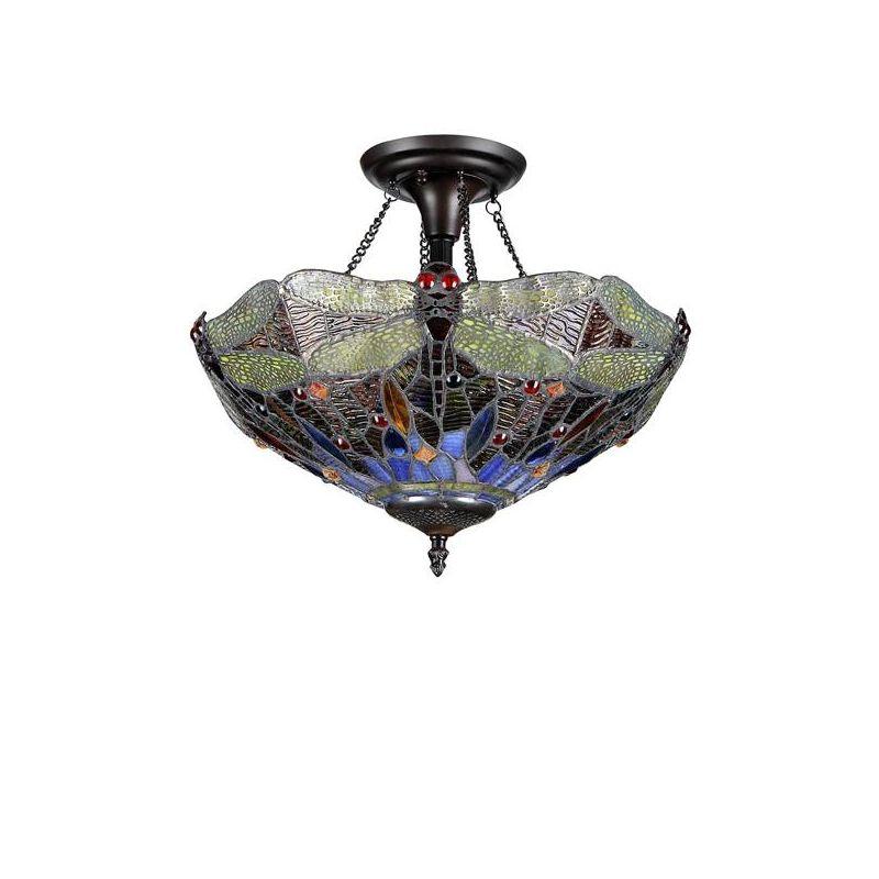Chloe Lighting Dragan Tiffany-Style 2 Light Dragonfly Semi-Flush Ceiling Fixture 16" Shade