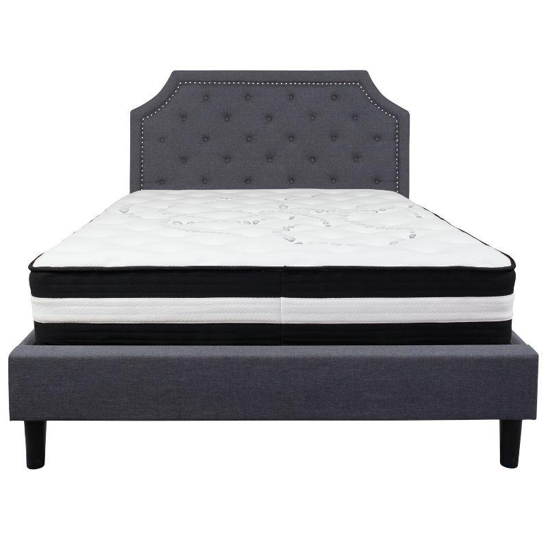 Queen Transitional Upholstered Platform Bed with Nailhead Trim in Dark Gray